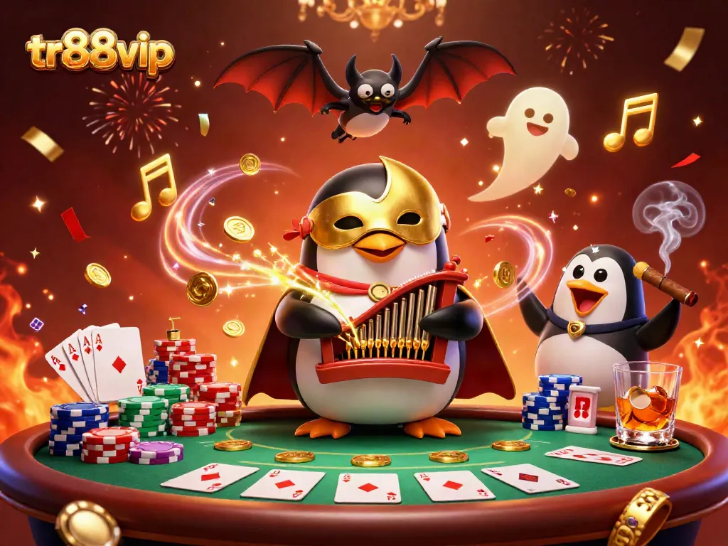 Engage with the exciting world of tr88vip as a penguin plays an organ amidst poker chaos in a vibrant casino scene.