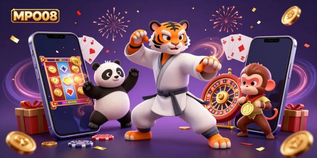 MPO08 brings luck with a 3D kung fu tiger and friends enjoying a colorful slot game.