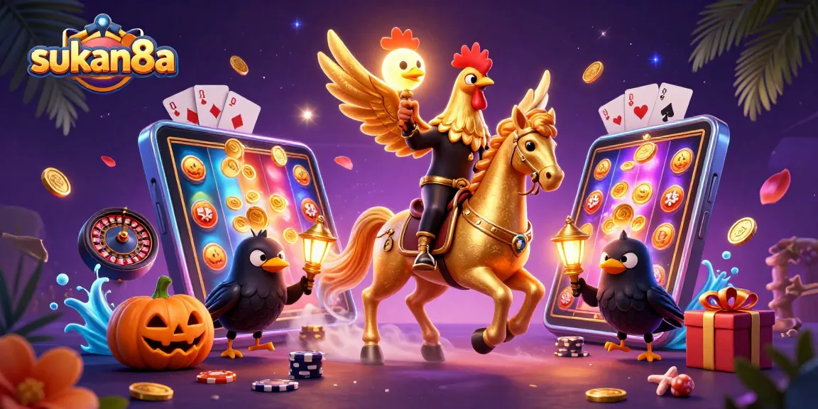 Experience the thrilling ambiance of sukan8a with vibrant casino games and golden elements.