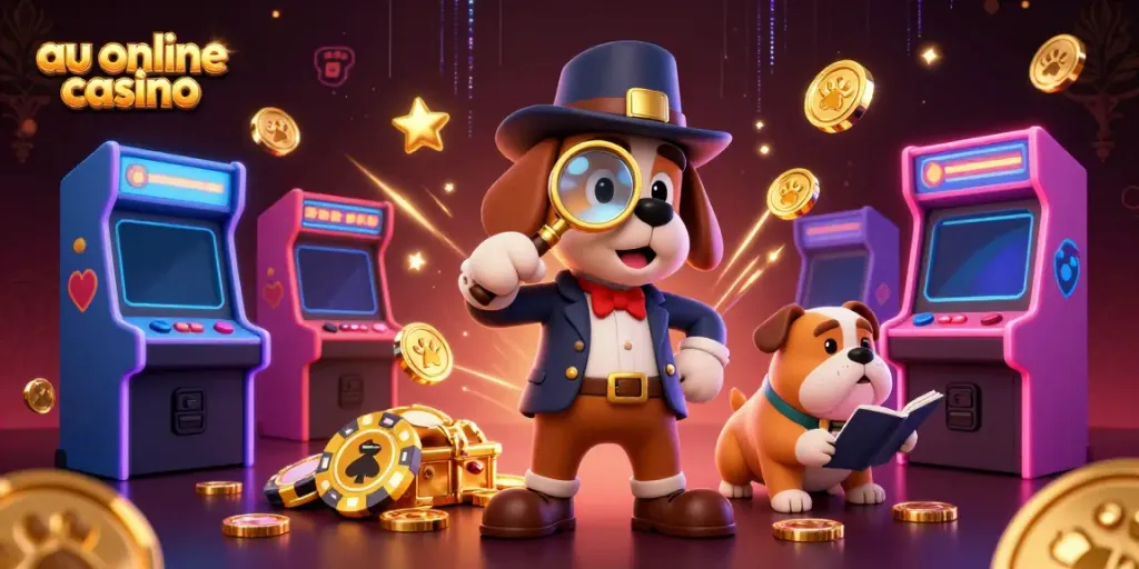 Discover top gaming adventures at au online casino with engaging scenes of a detective bloodhound and companion.