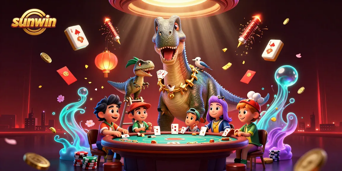 Experience dazzling poker action with sunwin's vibrant 3D dinosaur-themed casino scene filled with energy.