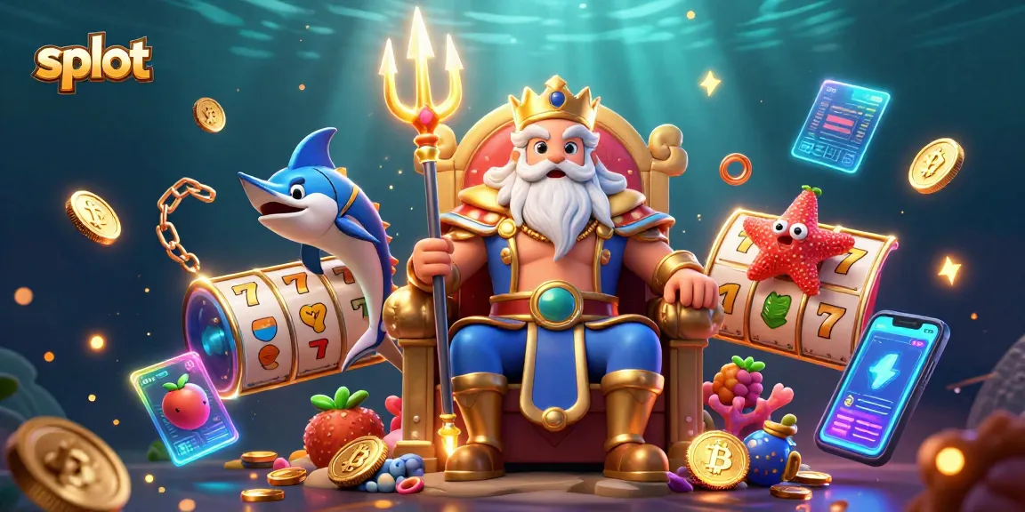 Mendapatkan jackpot dari slot mesin dengan simbol buah dan 7 keberuntungan di latar belakang bawah laut.