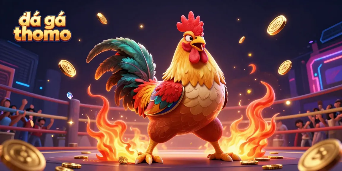 Witness the action of đá gà thomo in a vibrant arena with roosters, gold coins, and cheers all around.