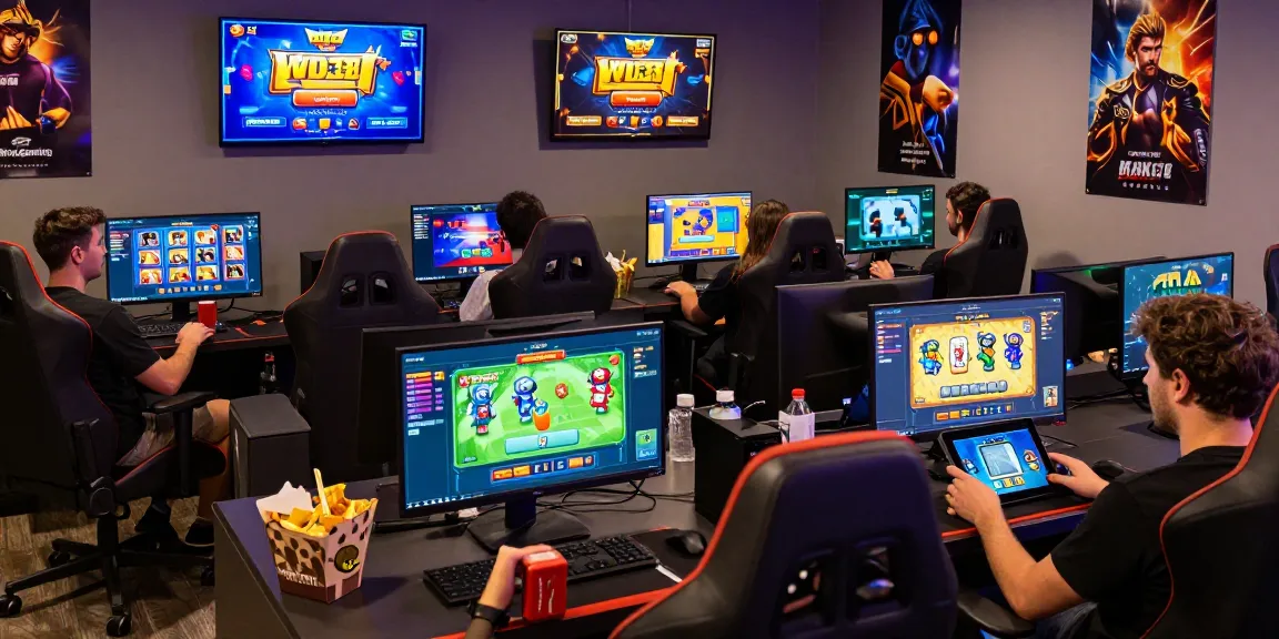 Exciting online gaming atmosphere at WD138 daftar with players enjoying diverse slot games in a modern lounge.