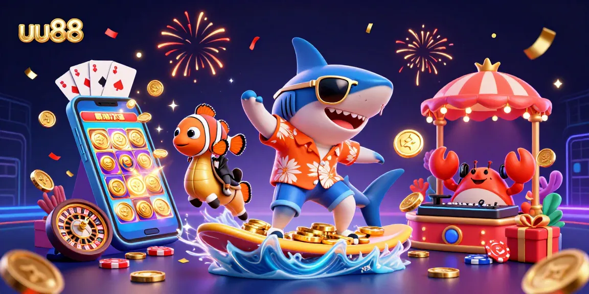 Experience thrilling gameplay at uu88 with vibrant characters surfing on gold coins, showcasing exciting gambling elements.