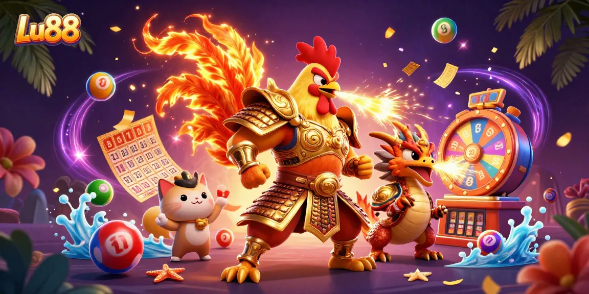 Win big at Lu88 with vibrant lottery balls and exciting gaming characters in a dynamic 3D scene.