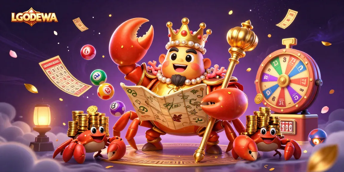 Experience thrilling wins at LGODEWA with vibrant lottery balls and a regal crab character leading the fun.