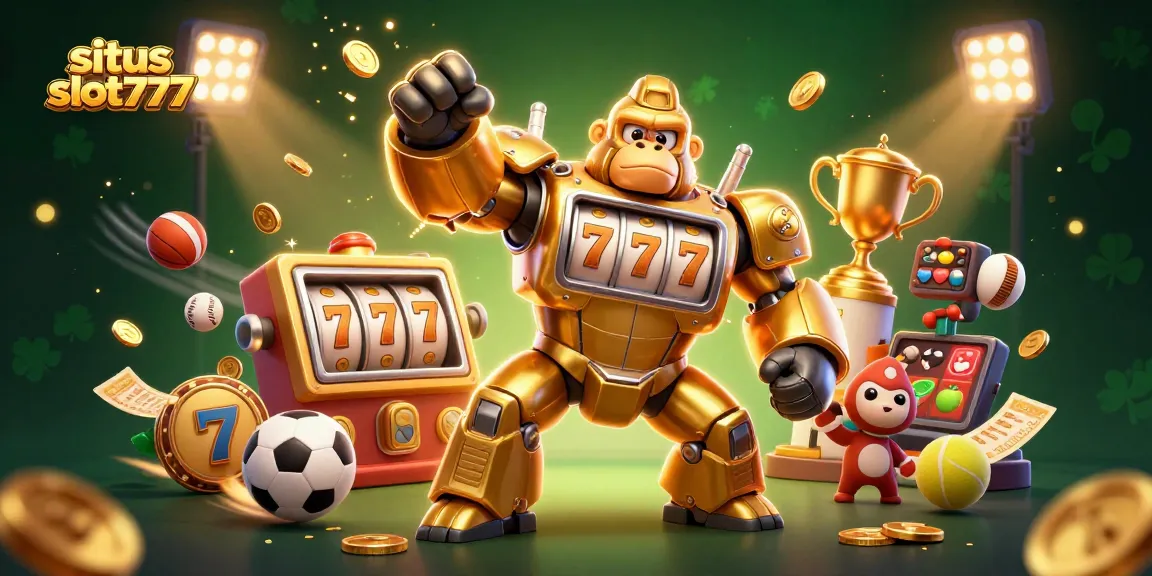 Slot777 situs slot777 yang menampilkan gorila emas mecha, simbol buah, dan koin emas.