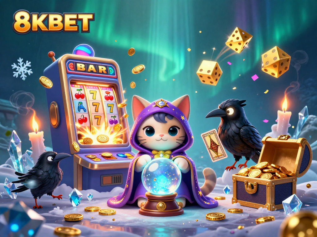 Experience thrilling gaming with 8KBET's vibrant 3D casino scene filled with fortune, luck, and excitement.