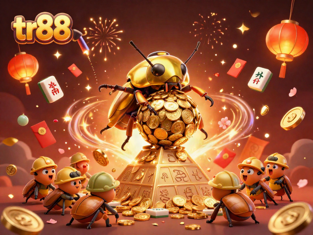 tr88 showcases an energetic scene with golden beetles rolling coins, festive symbols, and engaging casino elements