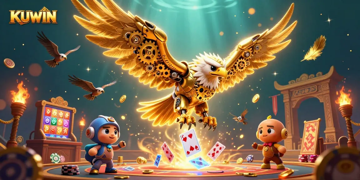 Experience casino excitement with KUWIN, featuring a dynamic illustration of a cybernetic eagle amidst vibrant gaming elements.