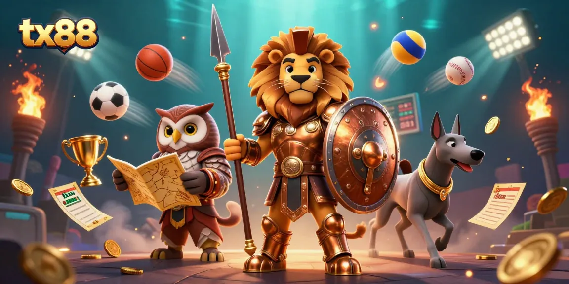Experience thrilling gameplay at tx88 with a heroic Spartan lion and strategic characters in a dynamic casino scene.