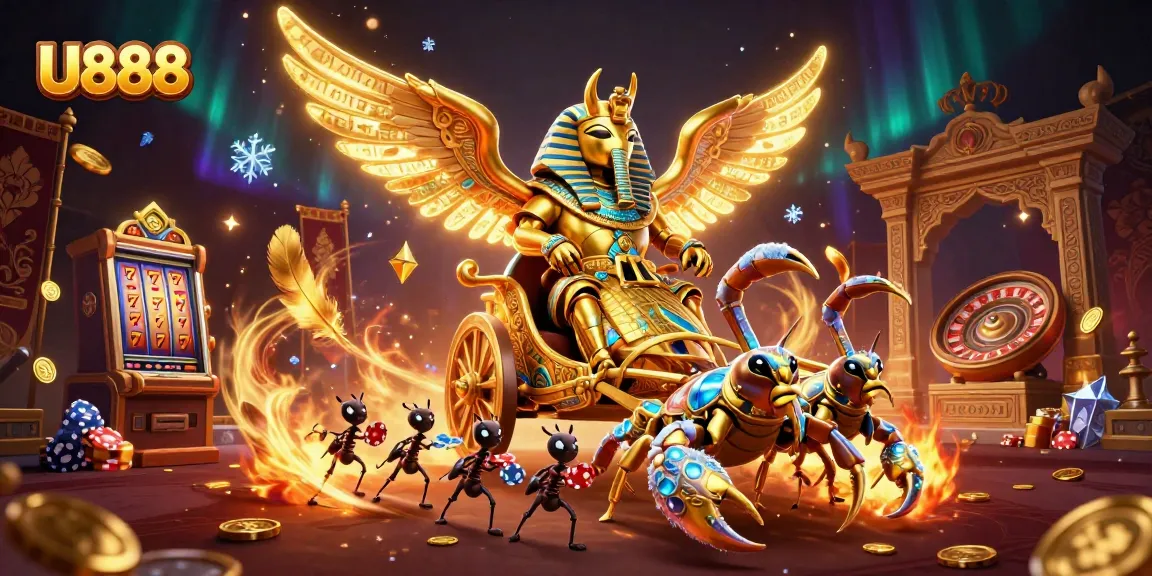 U888 showcases high-stakes gambling excitement with a colossal pharaoh beetle in a dramatic casino setting.