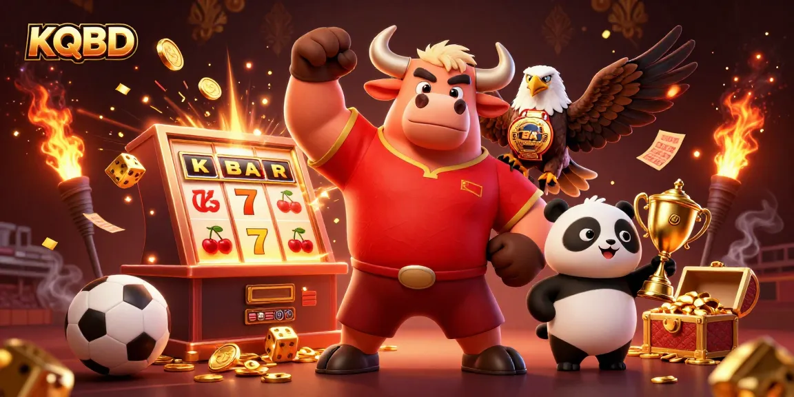 Engage with KQBD as a lively bull mascot celebrates wins, flanked by an eagle and panda amidst a dynamic casino scene.