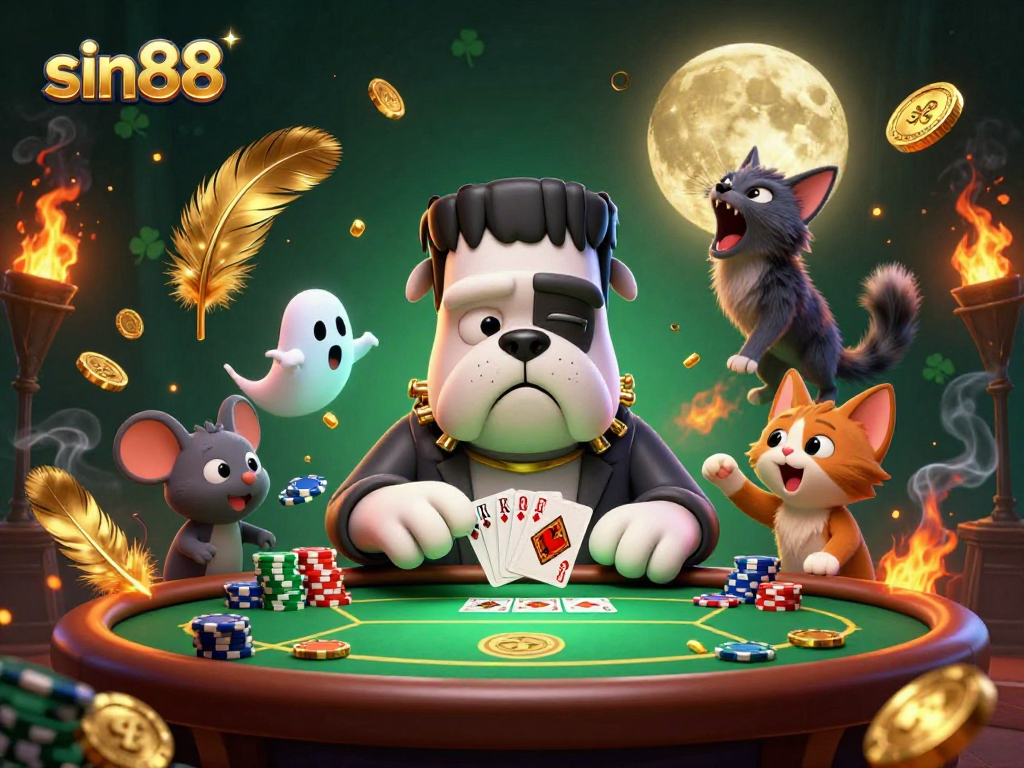 sin88 engages players with a lively poker scene featuring a Frankenstein bulldog dealer