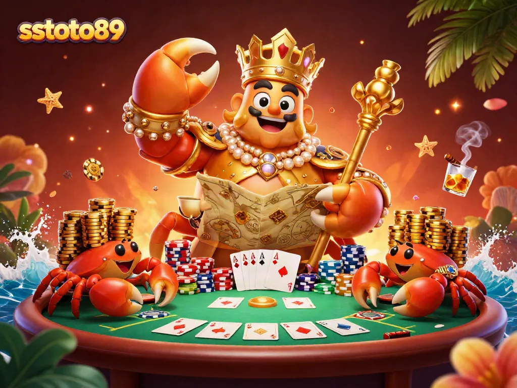 Gambarkan sstoto89 dengan kepiting emas 3D di meja poker yang berkilau dan kerumunan kerang dekoratif.