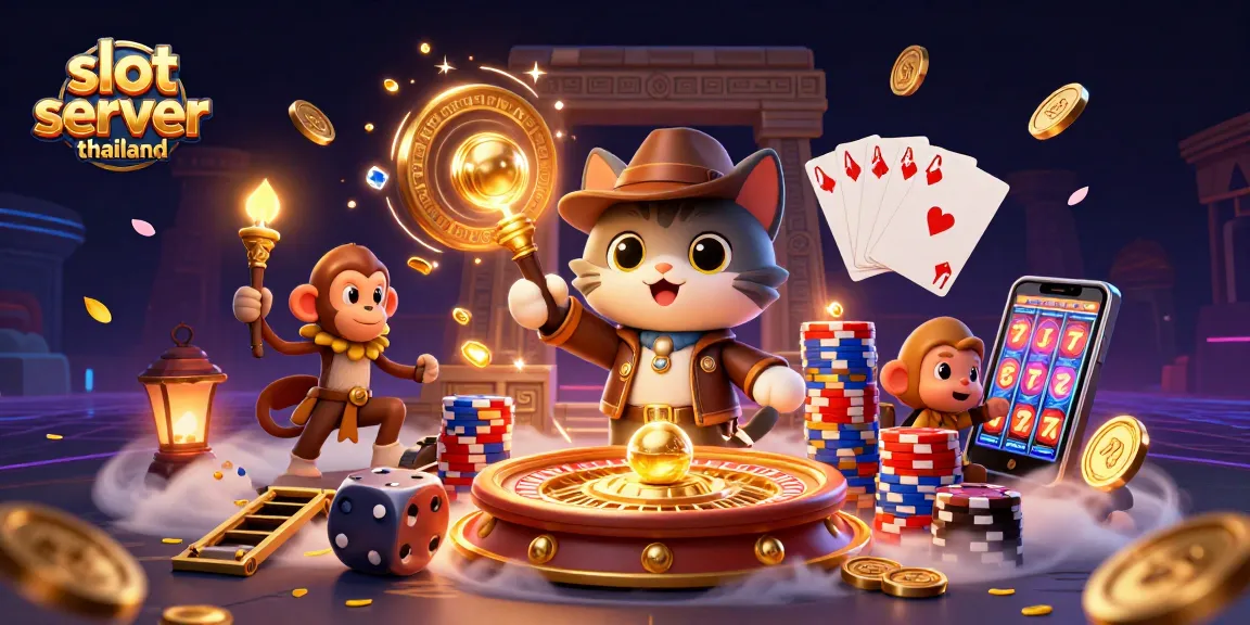 Experience the excitement of slot server thailand with an adventurous scene of a cat archaeologist and treasures.