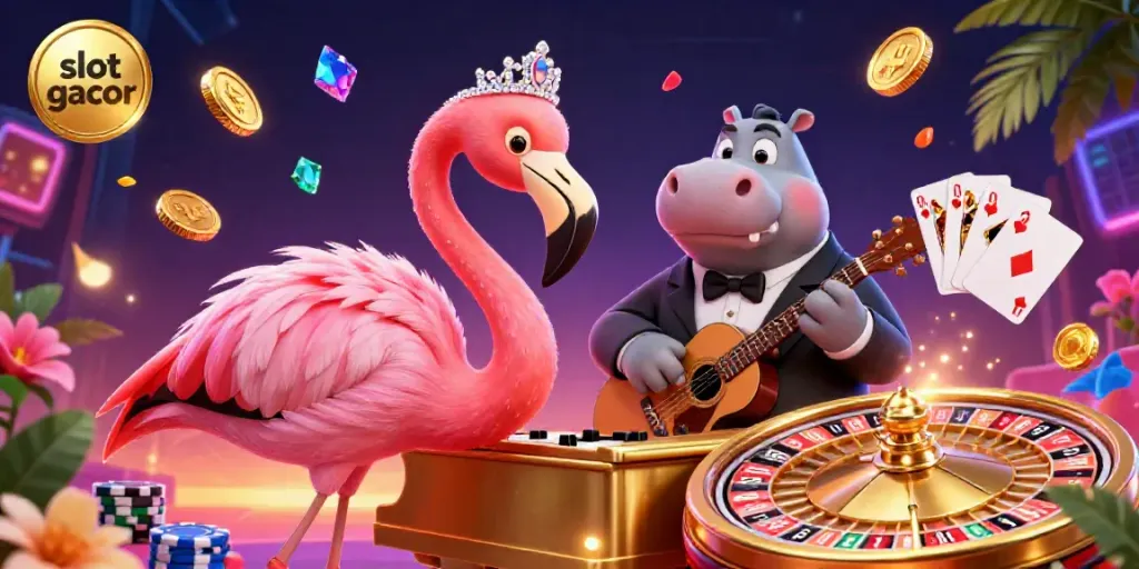 Experience the excitement of slot gacor with dazzling coins and vibrant characters in a lively casino setting.