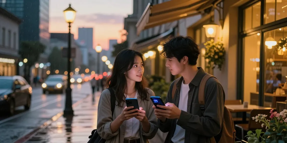 Young couple enjoying their AI girlfriend apps in a romantic urban cafe setting.