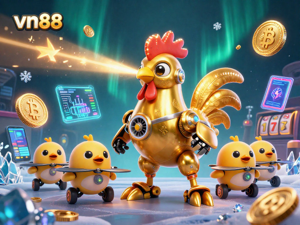 Engage with vn88 casino through a vibrant scene featuring a golden rooster robot and crypto coins.