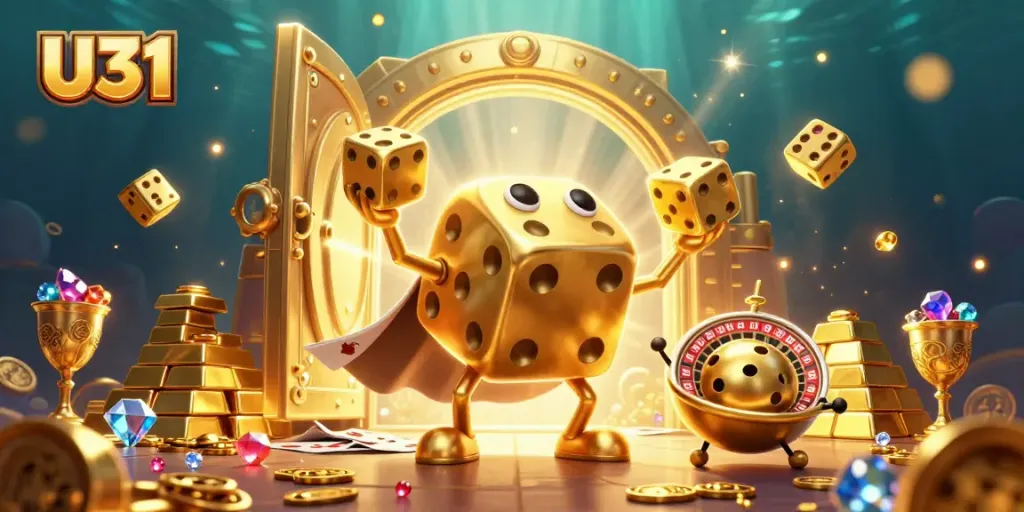 Experience the dynamic excitement of U31 as golden dice and jewels collide in this vibrant casino scene