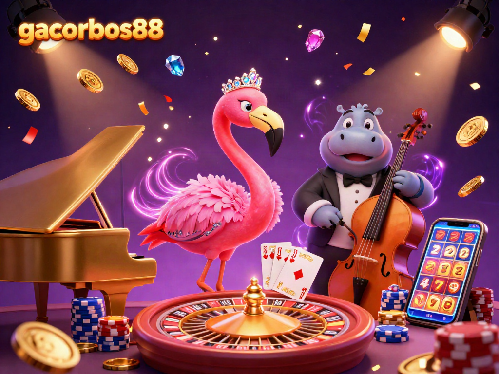 Engage with gacorbos88's casino energy featuring vibrant characters, slots, and dazzling elements.