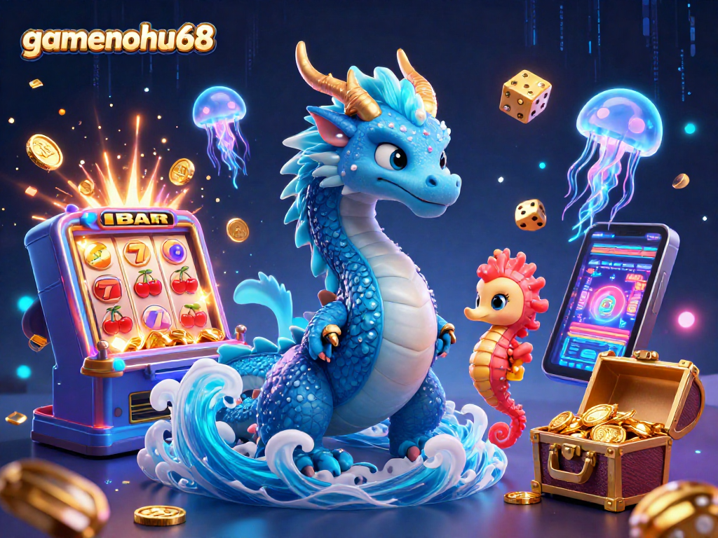 Spin the reels of gamenohu68's vibrant casino world with an azure water dragon and treasures!