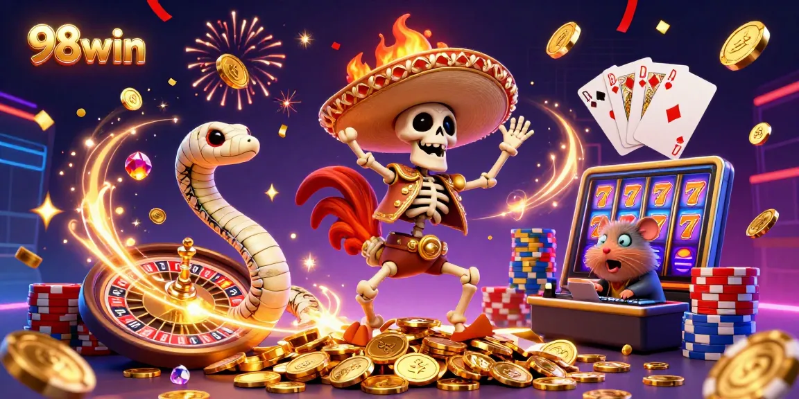 Experience thrilling victories with 98win in this lively 3D casino celebration featuring vibrant characters and rich game elements.