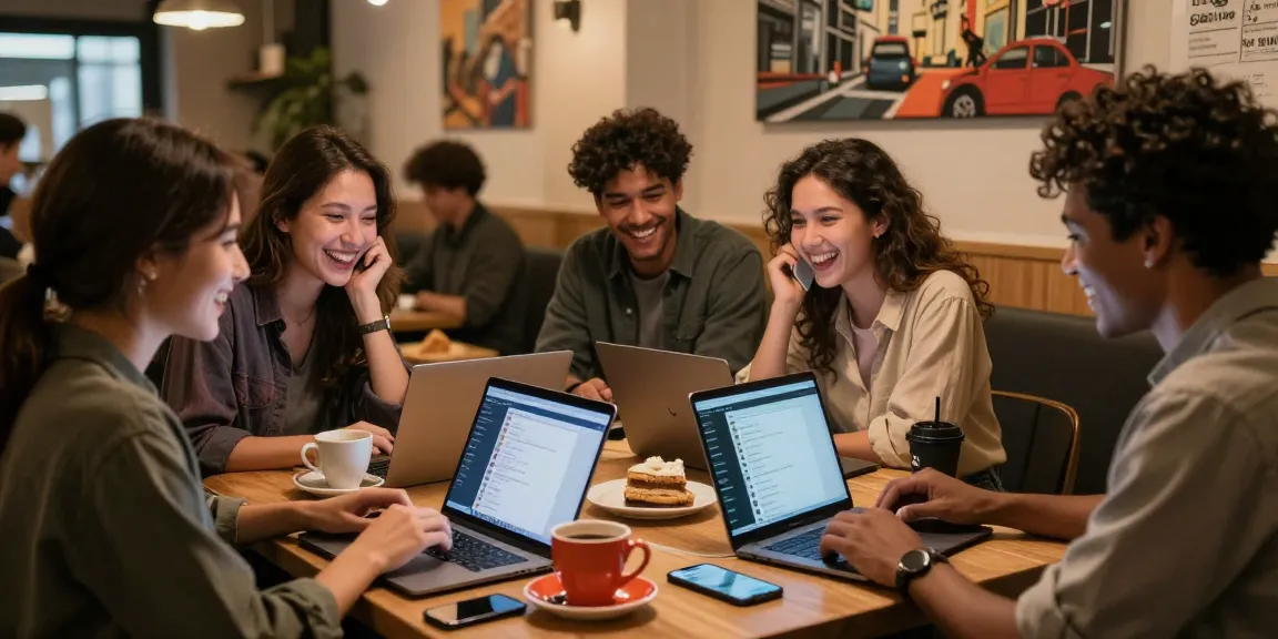 Engaging community chat scene with شات فله users laughing and sharing stories in a cafe.