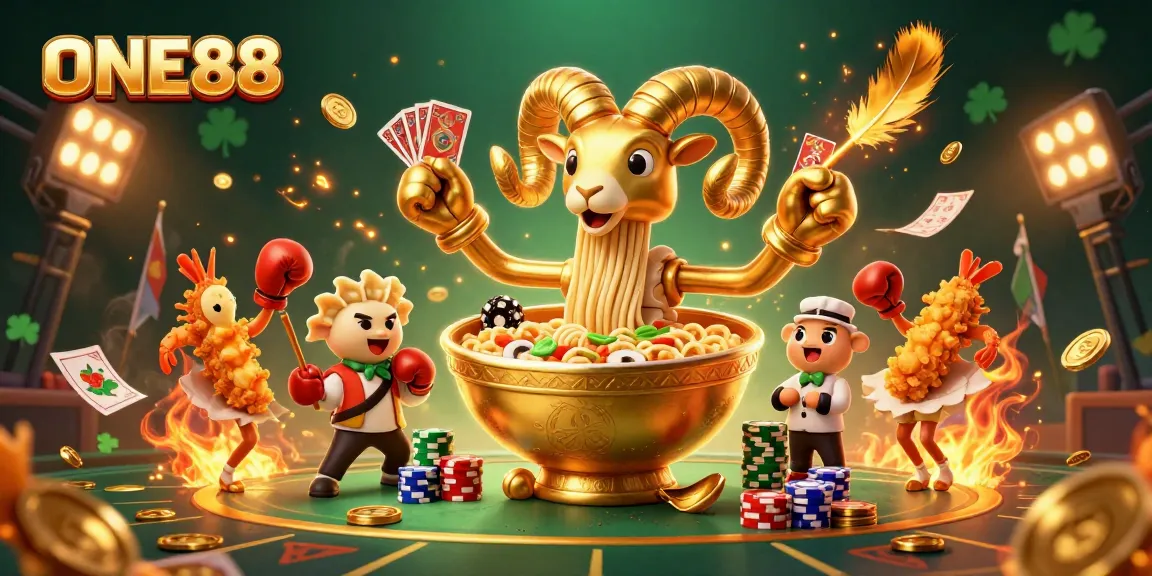Experience exciting game strategies at ONE88 with a vibrant 3D illustration of fun casino characters.