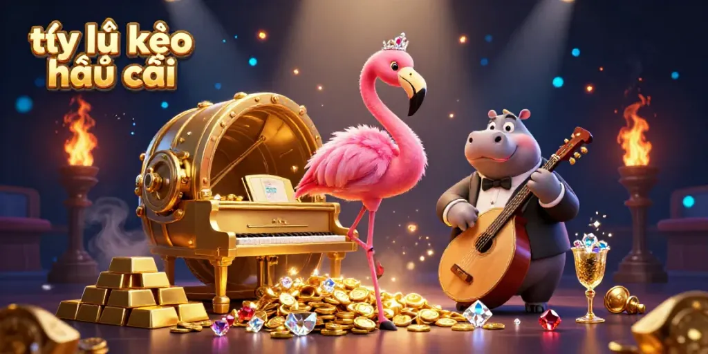 Catch exciting tỷ lệ kèo nhà cái odds with a dynamic illustration of a flamingo singer and a hippo bassist in a lavish casino setting.