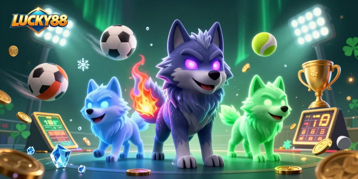Experience excitement at LUCKY88 with vibrant sports elements and mystical wolf characters.