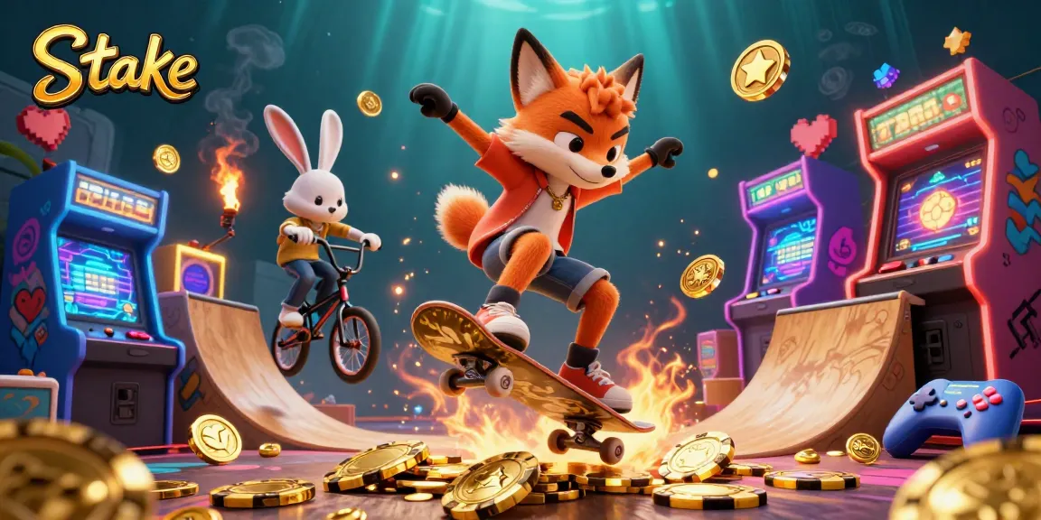 Engage with Stake's exciting 3D casino adventure featuring a skateboarder fox and BMX rabbit.