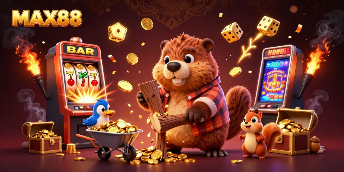 Experience a vibrant MAX88 gaming scene with a beaver chopping a coin tree, showcasing dynamic slot elements.