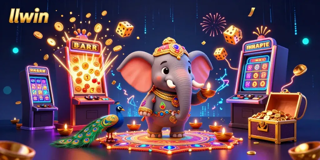 Engage in vibrant LLWIN action surrounded by dynamic casino elements and festive decorations.