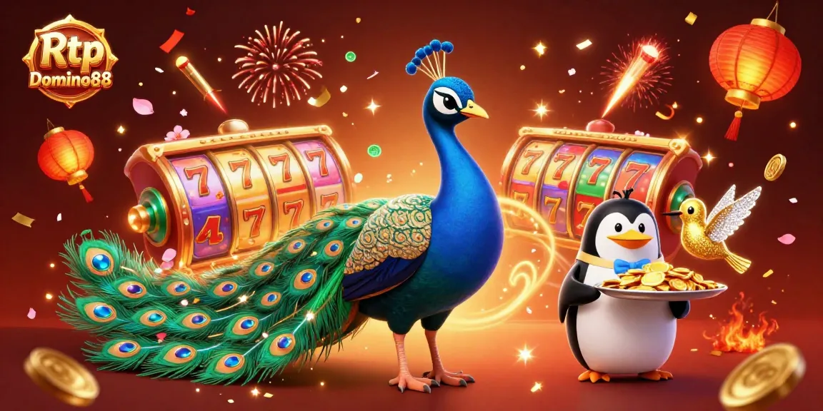 Experience the thrill with Rtp Domino88 as slot reels spin and jackpots await in a vibrant 3D casino scene.