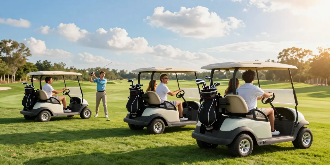 EZGO golf cart for sale with friends enjoying a day on the golf course.