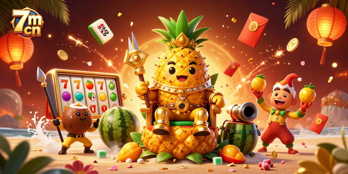 Engaging scene of 7m cn casino action featuring golden pineapple king among slot reels and festive decorations.