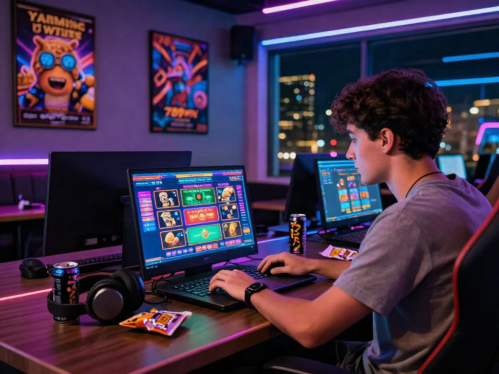 Engaged gamer enjoying 789win online gaming experience at stylish desk.