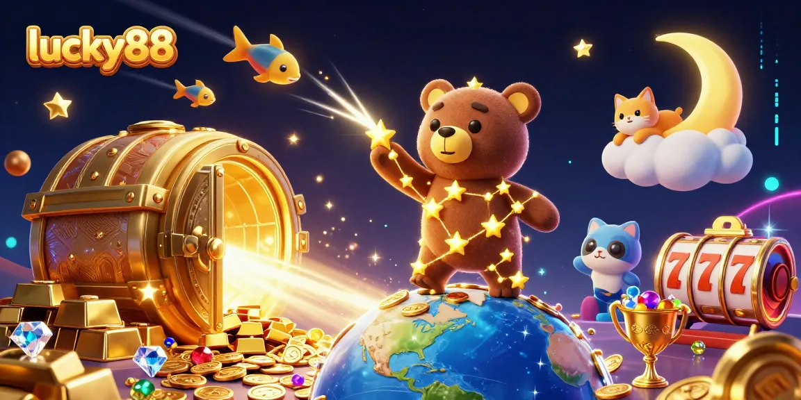 Engage with luck at lucky88 as a constellation bear scoops coins, surrounded by casino treasures.