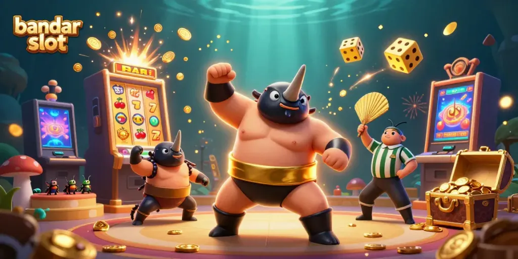 Gambar ilustrasi 3D yang menampilkan bandar slot menarik dalam suasana kasino yang penuh dengan koin emas dan elemen permainan.