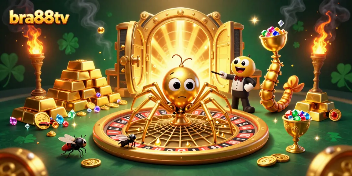 Engage in vibrant casino fun with bra88tv's illustrated adventure featuring a golden roulette web.