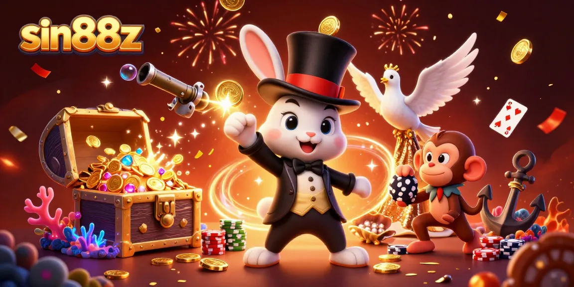 Sin88z captures players' excitement with a lively 3D scene of a magician rabbit and casino treasures.