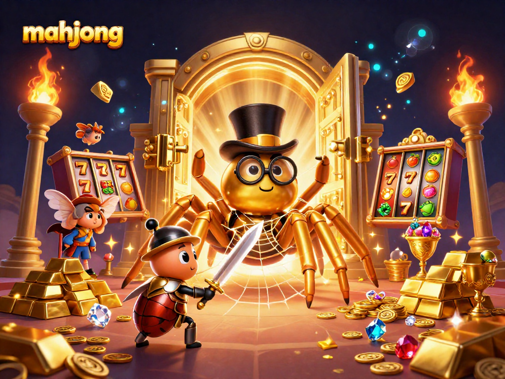 Experience thrilling mahjong slot action with an ultra-detailed casino scene featuring golden treasures.