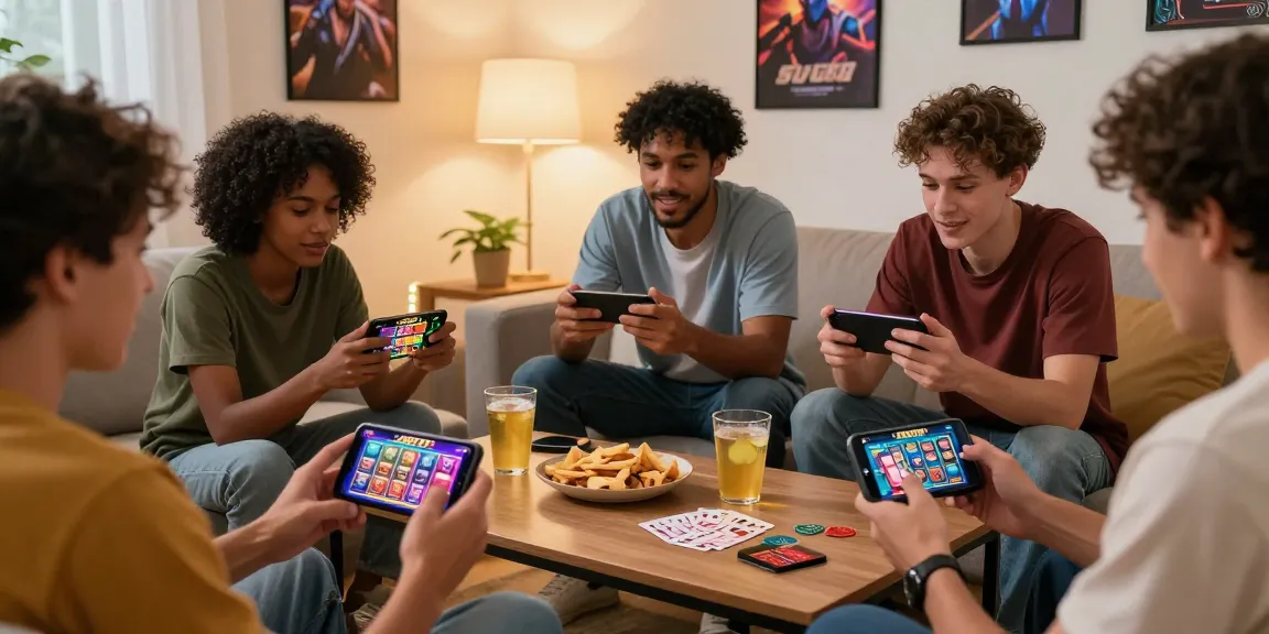 Players enjoying jz777games on smartphones in a lively home gathering with snacks.