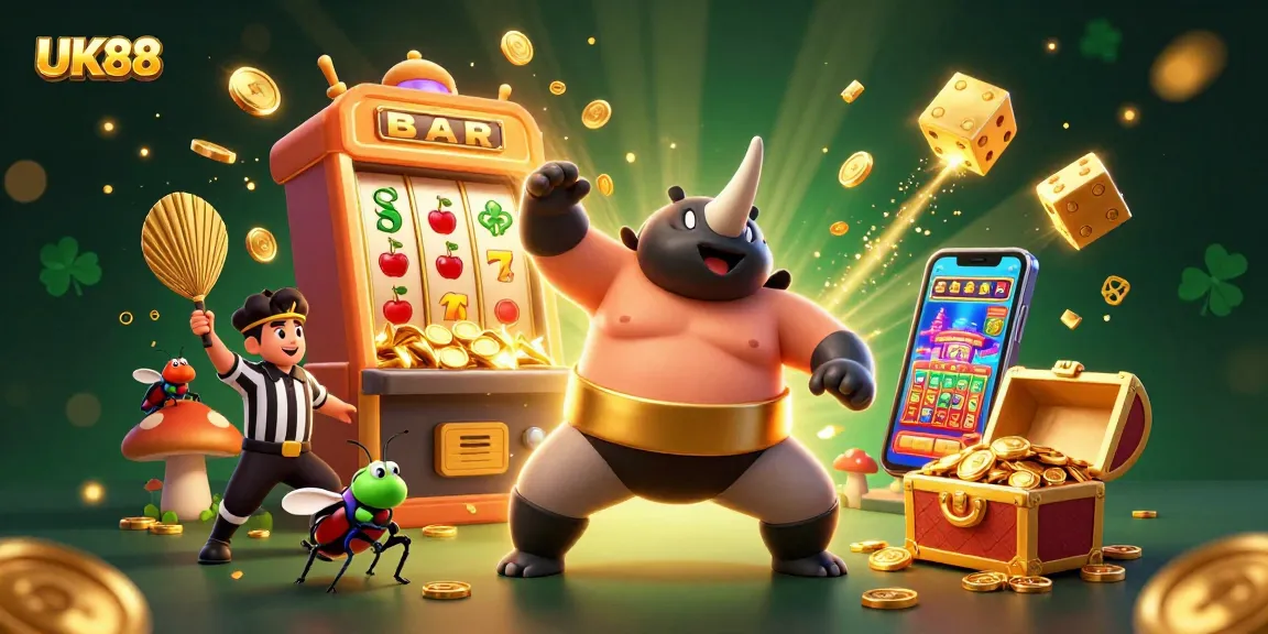 UK88 showcases a powerful sumo beetle stomping to unleash gold coins, surrounded by exciting slot game elements.