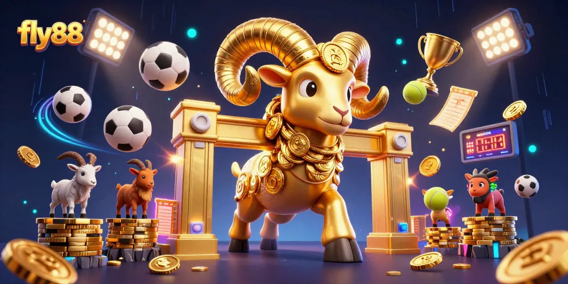 Engage in thrilling gaming experiences with fly88's dynamic casino scene featuring sports elements and a golden ram.