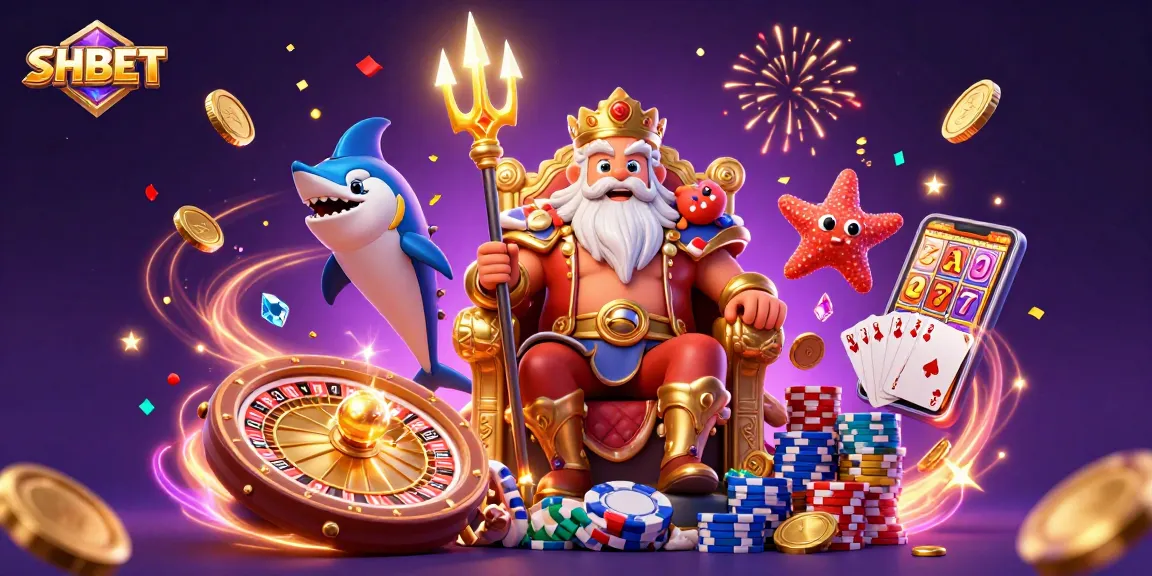 Join the excitement of SHBET with a captivating 3D casino illustration featuring Neptune, treasure, and games.