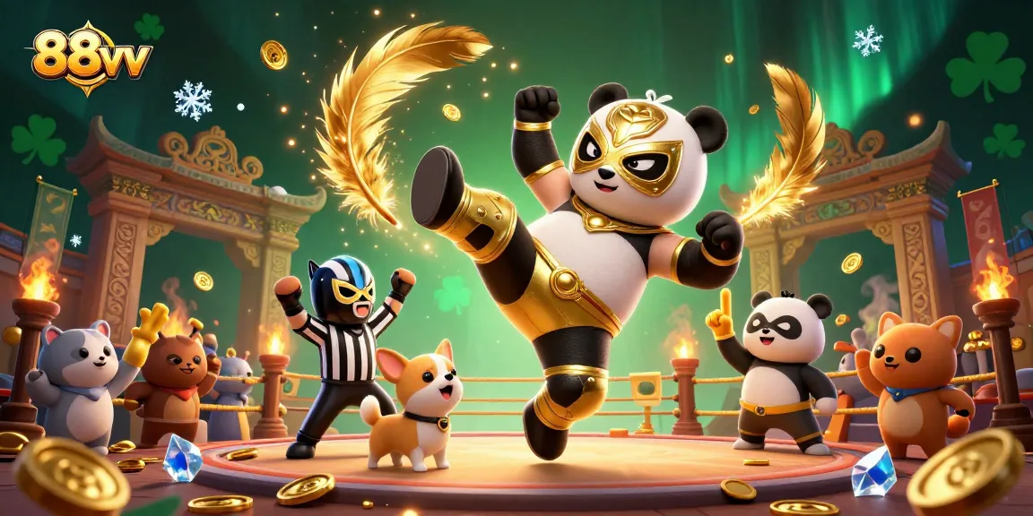 Experience the excitement at 88vv as a panda wrestler does a flying kick in a bustling casino arena.