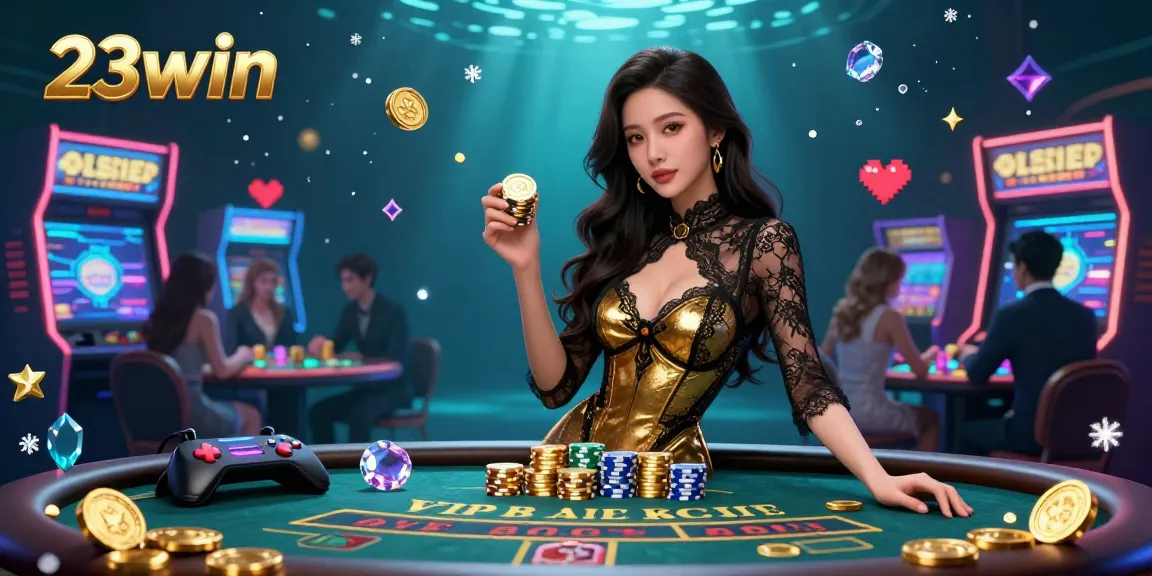 Experience the excitement of 23win with a photorealistic scene of high-stakes baccarat, golden chips, and vibrant gaming elements.